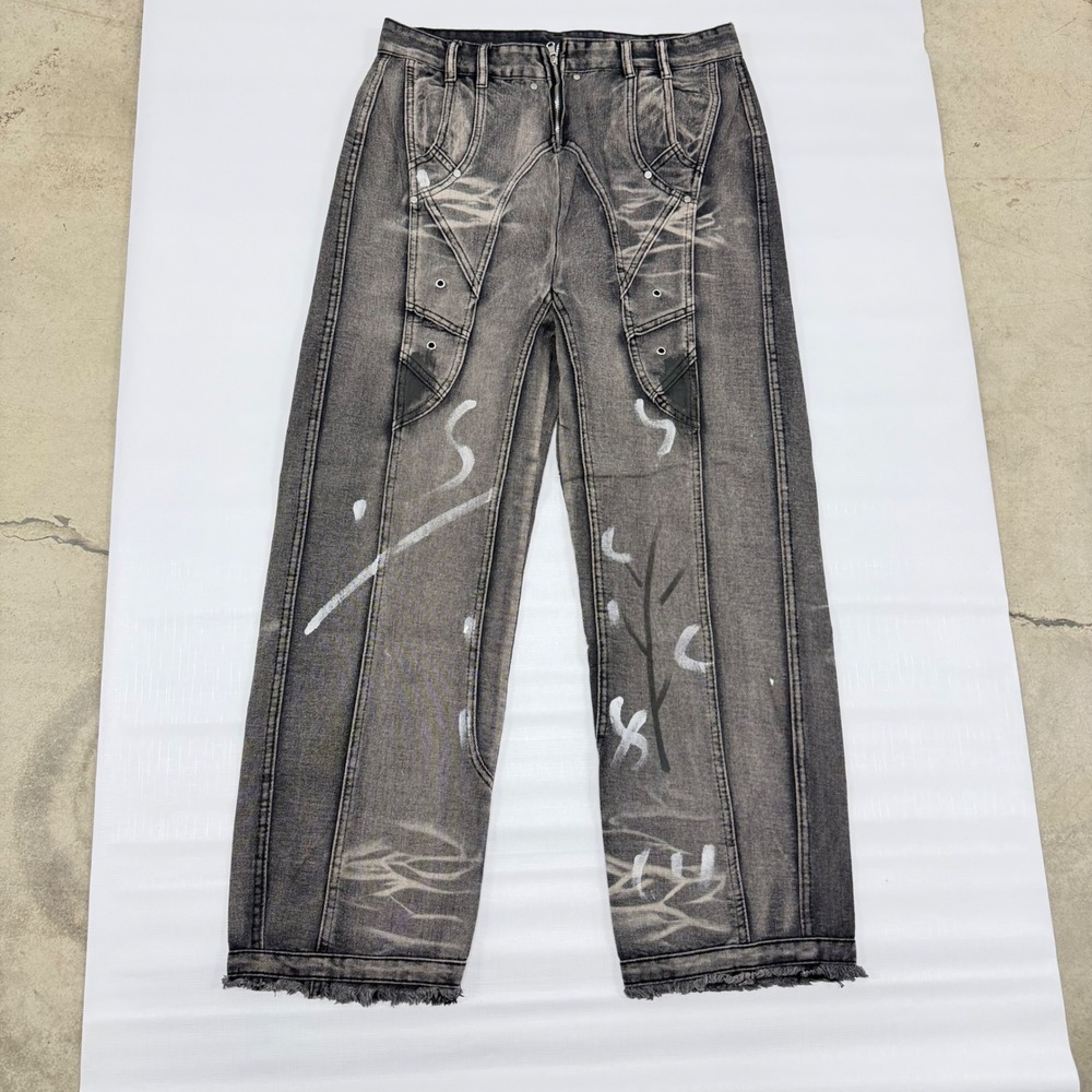 Acid Wash Wide Leg Paneled Denim Jeans Gray Streetwear Measurements in Photos